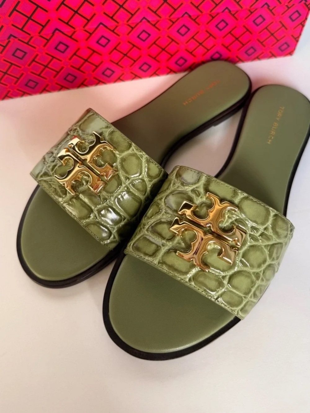 Tory Burch Olive Croc-Embossed Gold Logo Slide Sandals